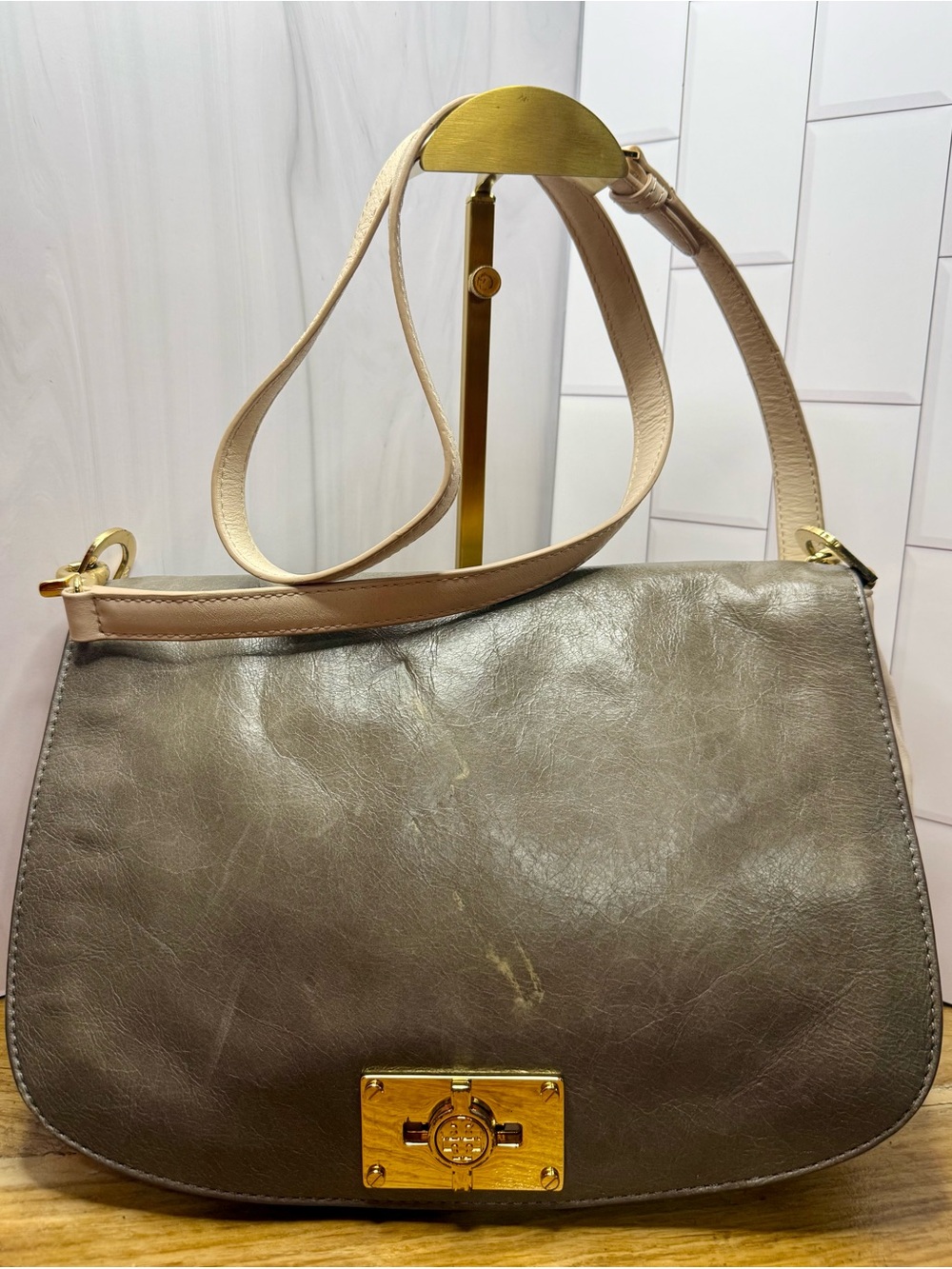 Tory Burch City Foldover Messenger Leather Bag Opaline Gray Ivory